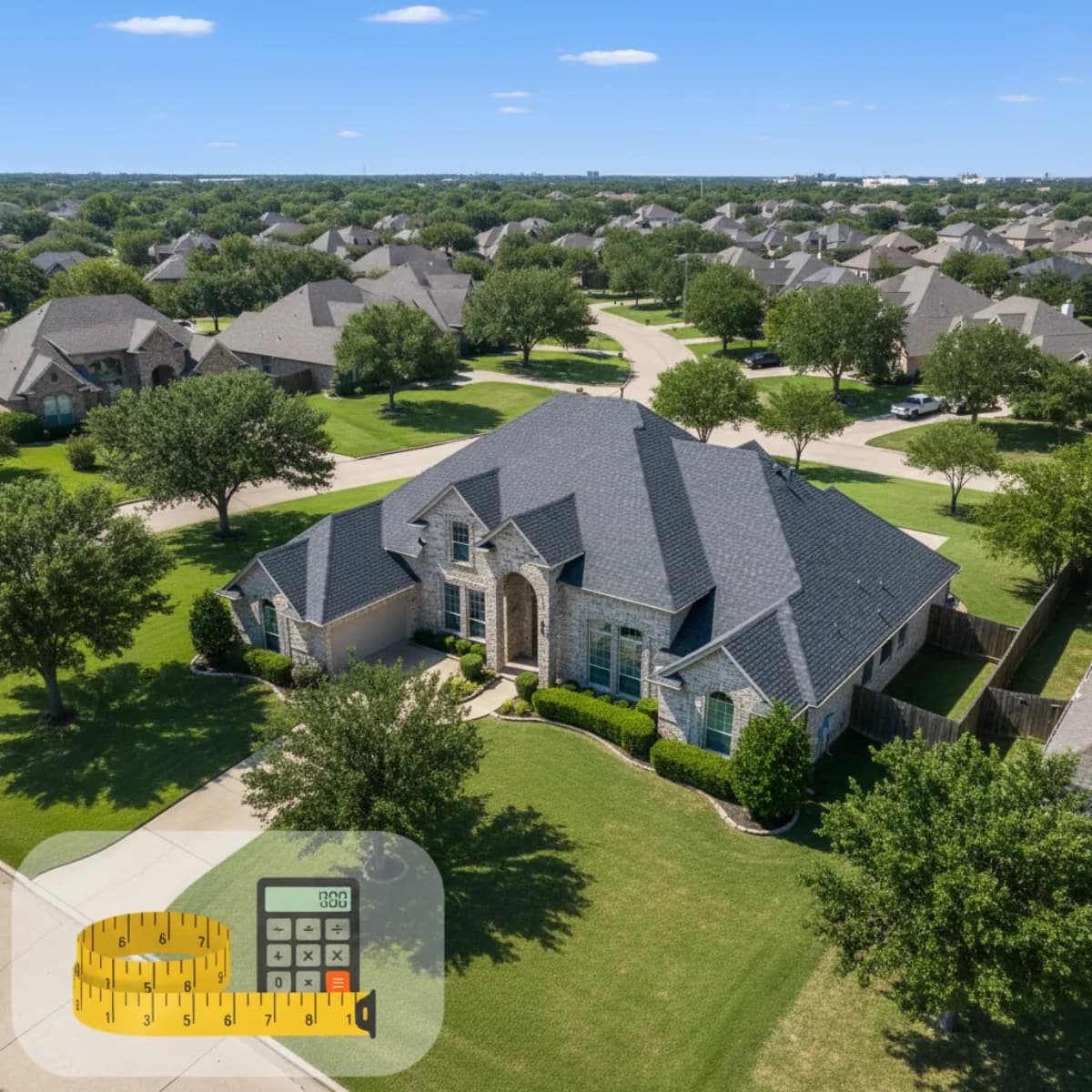 Texas neighborhood homes with various roofing materials under clear blue sky