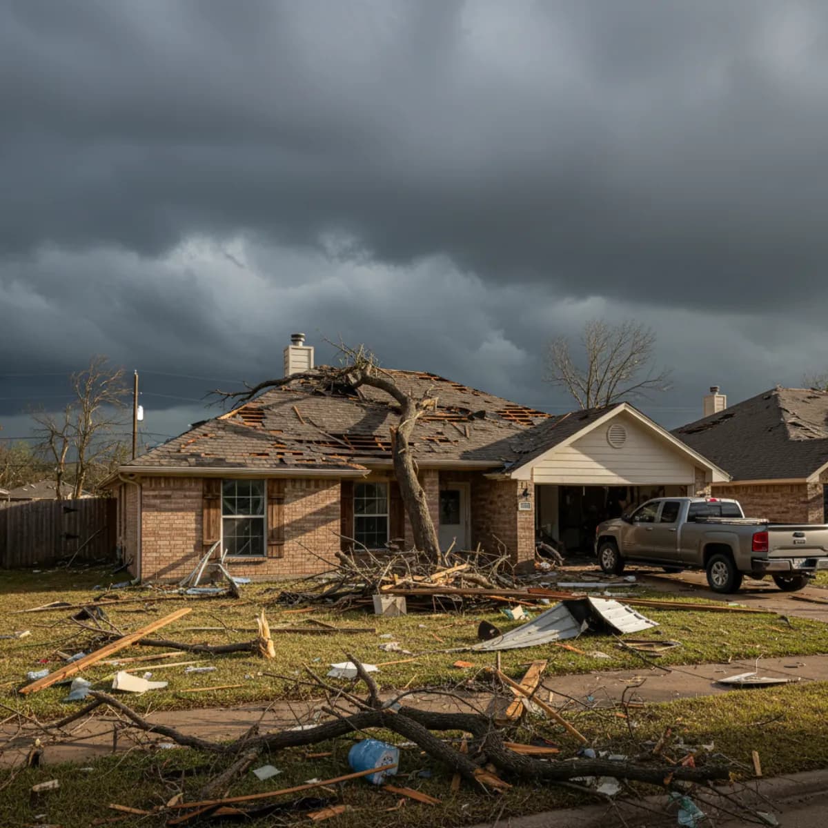 Storm damage roof repair in Texas showing hurricane and hail damage assessment by professional contractor