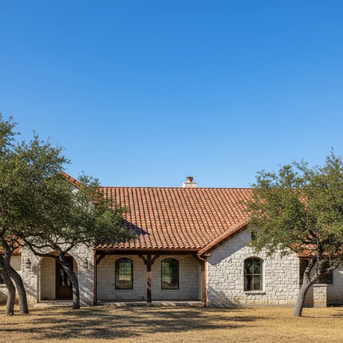 Clay tile roofing on a Spanish Colonial style home in the Texas Hill Country with rolling green hills in the background